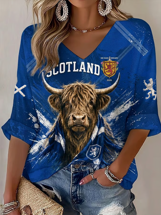 Women's Scotland Peinted Mid-length Sleeves V-Neck T-Shirt
