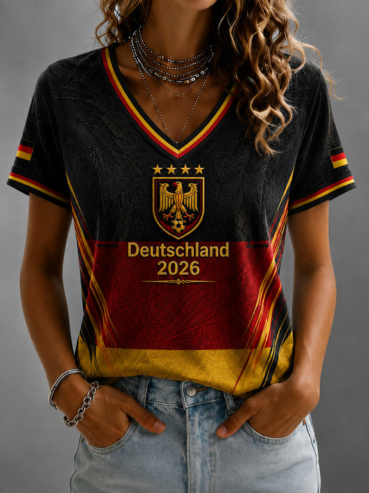 Women's Deutschland Football Fan Printed V-neck T-shirt