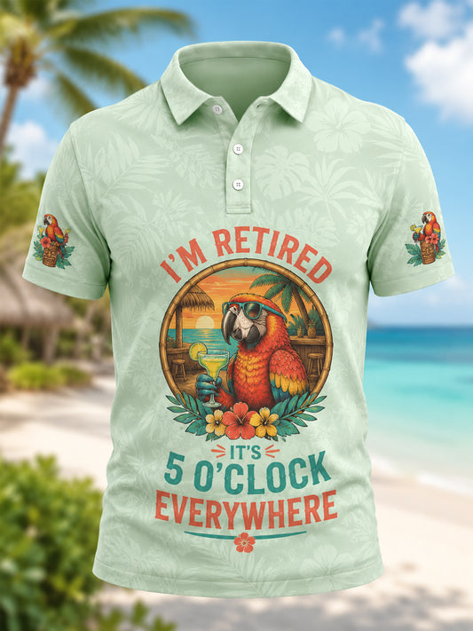 Men's I'm Retired It's 5 O'clock Everywhere Parrot Print Casual Polo